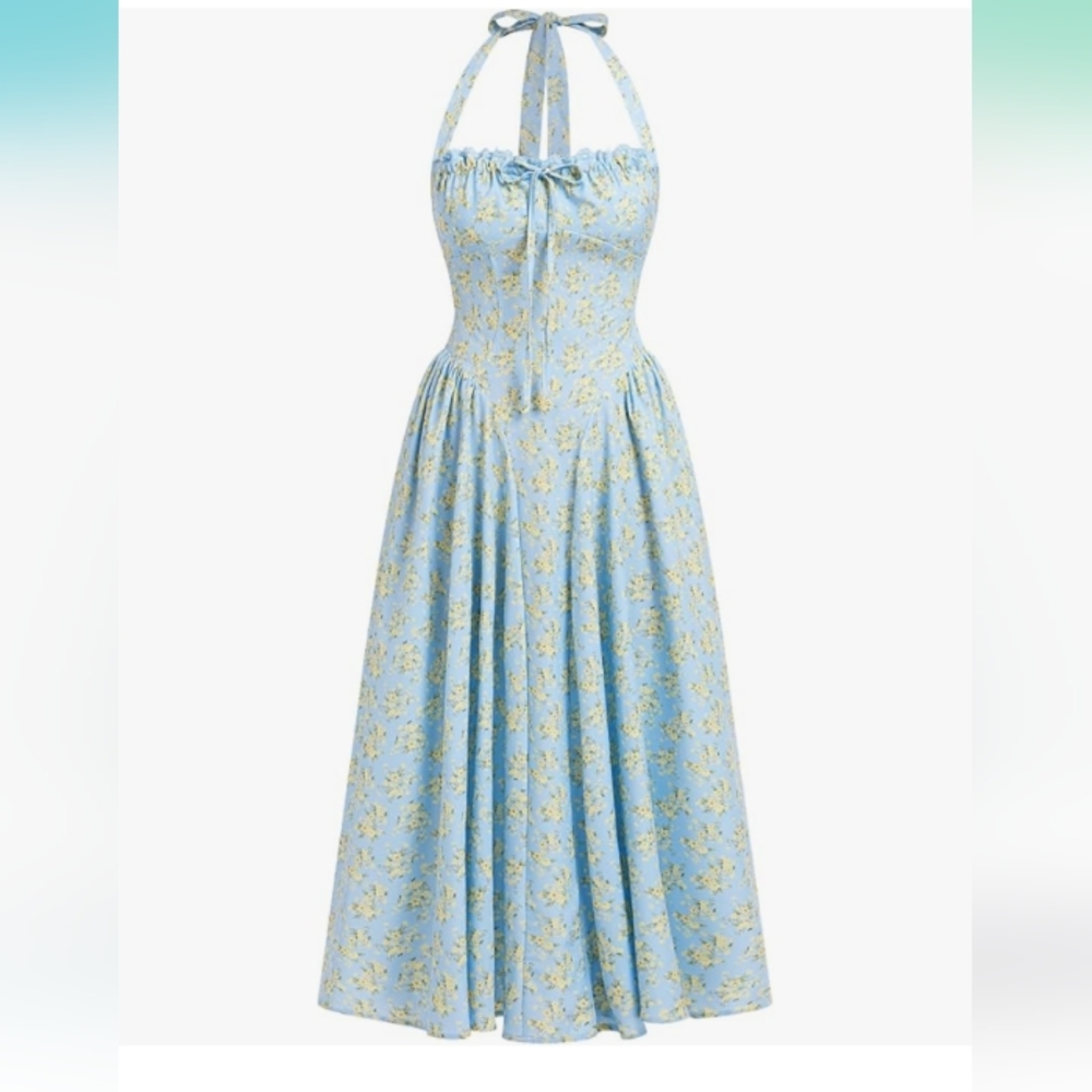 Light Blue Floral Halter Midi Dress Size XL